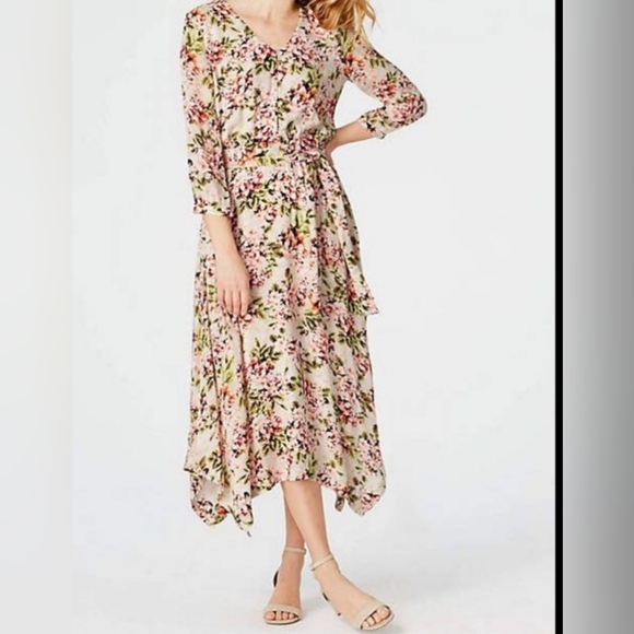 J. Jill Dresses & Skirts - J. Jill Ivory Floral Pebble Hydrangea Garden 3/4 Sleeve V-Neck L Midi Dress